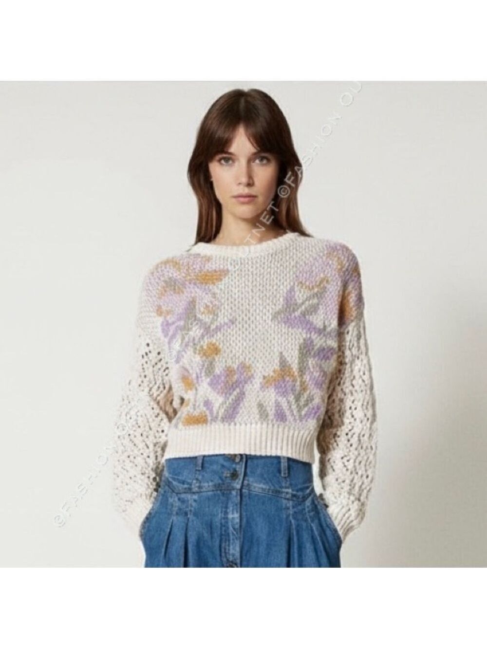 Magaschoni Floral Intarsia & Pointelle Knit Jacquard Sweater S Cottagecore Boho
